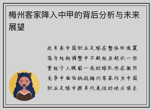 梅州客家降入中甲的背后分析与未来展望