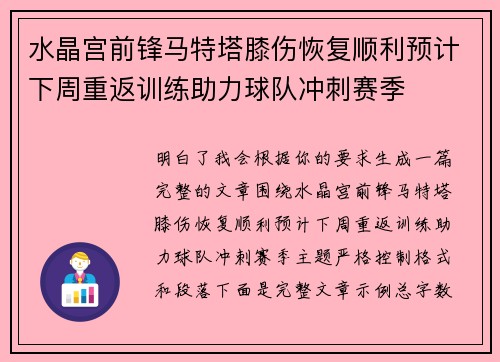 水晶宫前锋马特塔膝伤恢复顺利预计下周重返训练助力球队冲刺赛季