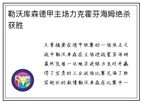 勒沃库森德甲主场力克霍芬海姆绝杀获胜 勒沃库森德甲主场力克霍芬海姆绝杀获胜